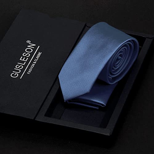 GUSLESON 2.4" Slim Necktie and Handkerchief Set For Men Solid Skinny Tie Set - color: Dusty Blue