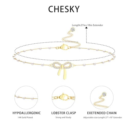 CHESKY Waist Beads for Women, Dainty 14k Gold Plated Waist Chain Beach Accessories Cute Belly Chain Body Chain Gold Chain Belts for Women Summer Beach Jewelry for Womens Gifts Rave Outfits for Womens - style: Pearl Bow
