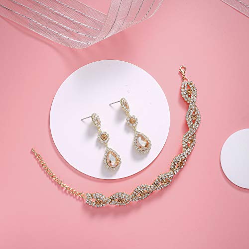 Paxuan Silver/Gold Plated Bridal Wedding Rhinestone Earrings Bracelet Set for Wedding Brides Bridesmaids Crystal Stone Dangle Drop Earrings Link Tennis Bracelet Set for Women Wedding - color: Champagne - Bracelet and Earrings Set