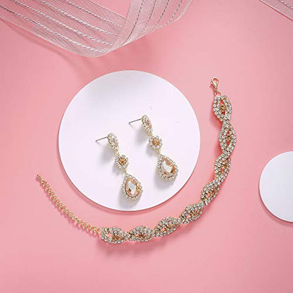 Paxuan Silver/Gold Plated Bridal Wedding Rhinestone Earrings Bracelet Set for Wedding Brides Bridesmaids Crystal Stone Dangle Drop Earrings Link Tennis Bracelet Set for Women Wedding - color: Champagne - Bracelet and Earrings Set