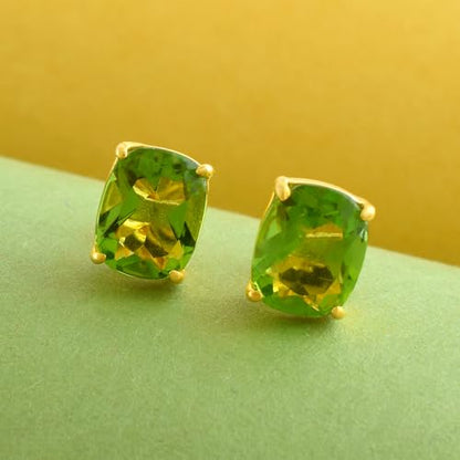 Women's 18K Gold Plated 8x10mm Princess Cut Gemstone Stud Earrings – Birthstone Jewelry for Her – Classic Cushion Studs - color: Peridot