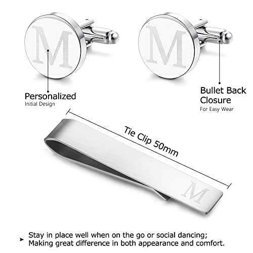 Initial Cuff Links Mens and Tie Clips for Men | Classic Silver Letter Alphabet A-Z Cufflinks and Tie Bar Set, Gifts for Men Father Husband for Formal Business Wedding - style: M