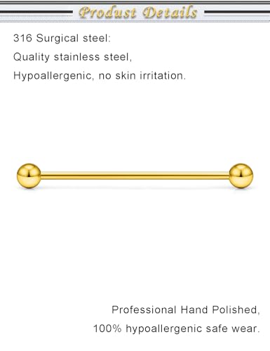 16G 14G Surgical Steel Tongue Rings Nipple Rings Industrial Piercing Jewelry Set Multi Size Straight Barbells 12mm 14mm 16mm 19mm 22mm 28mm 32mm 35mm 38mm 40mm 45mm for Women Men - color: goldtone, size: 14g,bar length 40mm