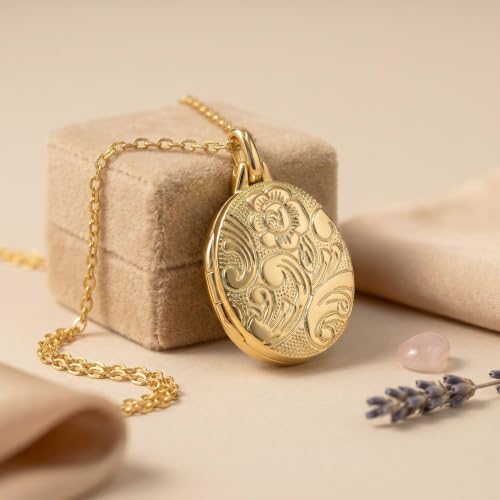 YOUFENG Love Heart Locket 14K Gold-Filled Oval Circle Rectangle Lockets that Hold Pictures Floral Patterns Necklace for Women - style: Gold Oval