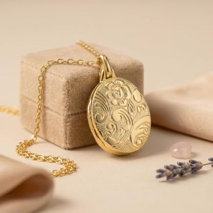 YOUFENG Love Heart Locket 14K Gold-Filled Oval Circle Rectangle Lockets that Hold Pictures Floral Patterns Necklace for Women - style: Gold Oval