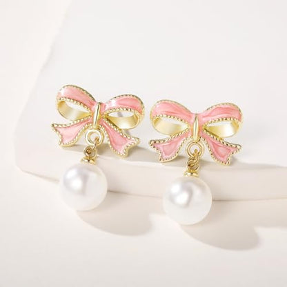 Gold Bow Earrings for Women, Long Tassel Chain Drop Earrings, Trendy Small Bow Earrings, Ribbon Waterfall Dangling Earrings, Pearl Bow Earrings, Sparkly Elegant Bowknot Preppy Jewelry Gifts for Women - color: Pink Bow-K