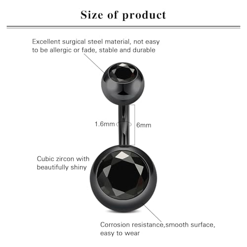 VCMART Belly Button Ring Short Bar Belly Ring Short Belly Button Rings Surgical Steel 6mm Belly Rings for Women Small Belly Button Piercing Navel Rings Piercing Jewelry - color: F -black