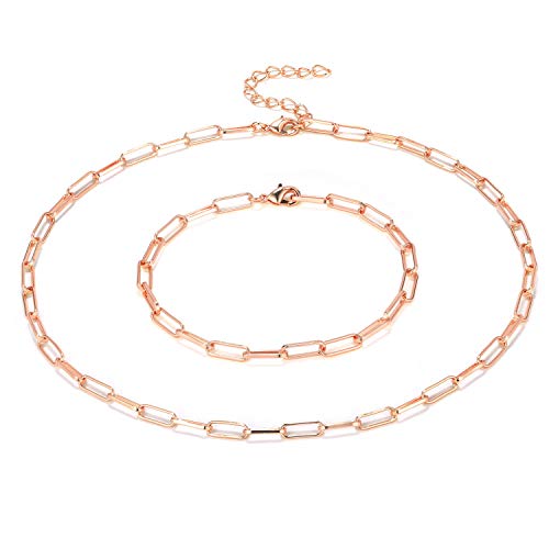 14K Gold Plated Dainty Paperclip Link Chain Necklace Bracelet Set for Women - style: 16" Rose Gold Necklace + 7" Bracelet Set