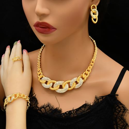Fashion Crystal Jewelry Set For Women 18 K Gold Plated Jewelry Wedding Bride Dubai Gold Necklace Earrings Bracelet Ring 4 Pieces Set - color: S-701