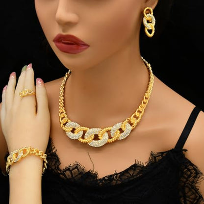 Fashion Crystal Jewelry Set For Women 18 K Gold Plated Jewelry Wedding Bride Dubai Gold Necklace Earrings Bracelet Ring 4 Pieces Set - color: S-701
