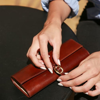 Time Resistance Leather Jewelry Roll - Full Grain Leather Travel Jewelry Case - Jewellery Organizer Made in Italy (Cognac Brown) - color: Cognac