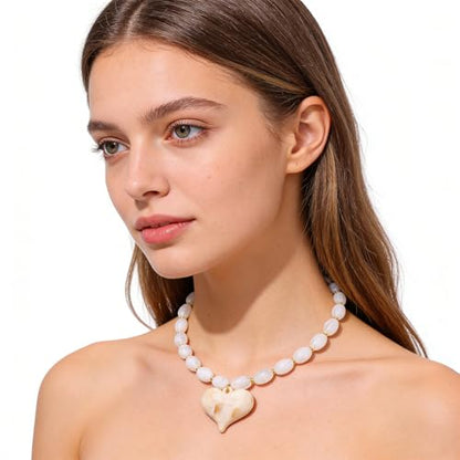 Chunky Beaded Necklaces for Women Trendy Colorful Acrylic Bead Statement Necklace Puffy Heart Pendent Necklaces for Women Boho Fashion Jewelry - color: G-beige
