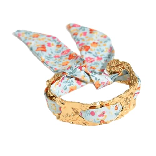 Hammered Gold Metal Silk Scarf Bangle Women,Chunky Fabric Wrapped Open Cuff Bracelet,Boho Ethnic Style Geometric Jewelry, Elegant Statement Wrist - color: Blue