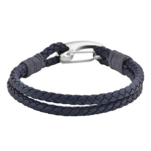 Edforce Braided Genuine Leather 2-Strand Cuff Bracelet with Stainless Steel Clasp - color: Prussian Blue