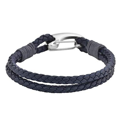 Edforce Braided Genuine Leather 2-Strand Cuff Bracelet with Stainless Steel Clasp - color: Prussian Blue