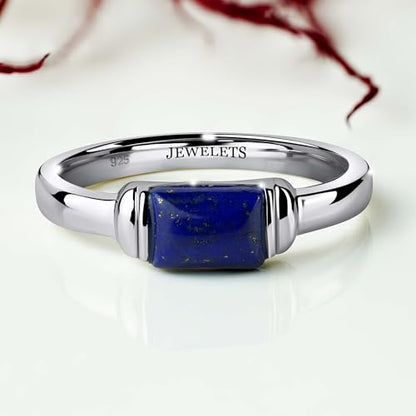 Lapis Lazuli Signet Ring for Men Women - Genuine Natural Gemstone Stone Ring in 925 Sterling Silver with Rhodium-Plated Band - Mens Signet Rings - Unisex Gift - Sizes 4-12