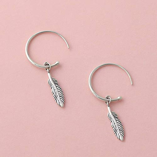 Boma Jewelry Sterling Silver Bohemian Tribal Feather Drop Pull Through Hoop Earrings