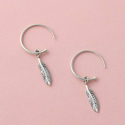 Boma Jewelry Sterling Silver Bohemian Tribal Feather Drop Pull Through Hoop Earrings