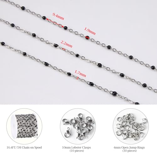 KYUNHOO 16.4FT/5M Black Enamel Beaded Chain for Jewelry Making | Silver Cable Link Roll Stainless Steel Jewelry Chains for Necklace Bracelet DIY - color: Silver-Black-2mm