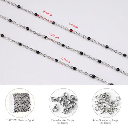 KYUNHOO 16.4FT/5M Black Enamel Beaded Chain for Jewelry Making | Silver Cable Link Roll Stainless Steel Jewelry Chains for Necklace Bracelet DIY - color: Silver-Black-2mm
