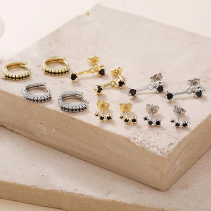 3 Pairs Huggie Hoop Earring Set 18K Gold Plated Cubic Zirconia Cartilage Earrings, Multi Piercings Ear Jacket Earring Climber Stud Earring for Women Everyday Earrings - color: Gold Black Cubic Zirconia Hoop