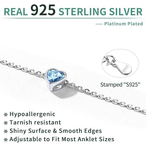 ChicSilver 925 Sterling Silver Anklets for Women, Simple Dainty Round/Heart Birthstone Ankle Bracelet Beach Foot Jewelry, 8.7-10.7 Inch Adjustable - color: 03. Heart - March(Aquamarine)