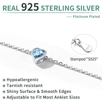 ChicSilver 925 Sterling Silver Anklets for Women, Simple Dainty Round/Heart Birthstone Ankle Bracelet Beach Foot Jewelry, 8.7-10.7 Inch Adjustable - color: 03. Heart - March(Aquamarine)