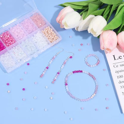 1200Pcs 4mm 10 Colors Faceted Crystal Glass Bicone Beads Loose Bead for DIY Bracelet Necklace Earring Keychain Jewelry Making,Pink - color: Pink