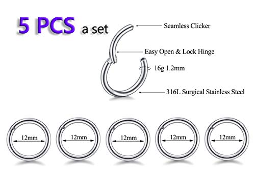 5Pcs 16G 18G Surgical Steel Nose Rings Hoop Tragus Septum Cartilage Hoop Earrings For Women Men Body Piercing Jewelry Kit Bar Length 6mm/8mm/10mm/12mm/14mm - style: 5Pcs -16G - Steel - 12mm