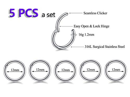 5Pcs 16G 18G Surgical Steel Nose Rings Hoop Tragus Septum Cartilage Hoop Earrings For Women Men Body Piercing Jewelry Kit Bar Length 6mm/8mm/10mm/12mm/14mm - style: 5Pcs -16G - Steel - 12mm