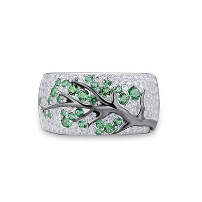 Santuzza 925 Sterling Silver Cherry Ring Cubic Zirconia Tree Branches Ring for Women - color: Green Spinel