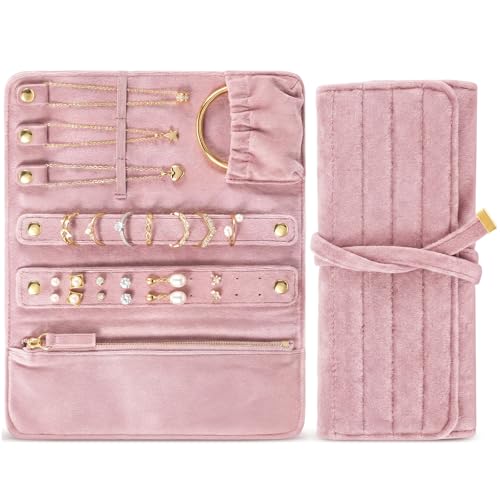 Tondiamo 1 Pcs Velvet Jewelry Roll Luxury Travel Jewelry Case for Ring Necklace Earring Bracelet Storage Bag Women Bridesmaid Gift (Pink) - color: Pink