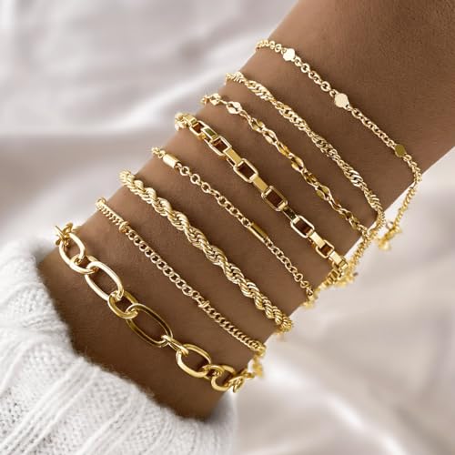 IFKM Gold Bracelets for Women, 14K Gold Plated Dainty Link Chain Bracelet set, Trendy Stackable Layered Bracelets jewelry Gifts - style: 8pcs Chain twist box