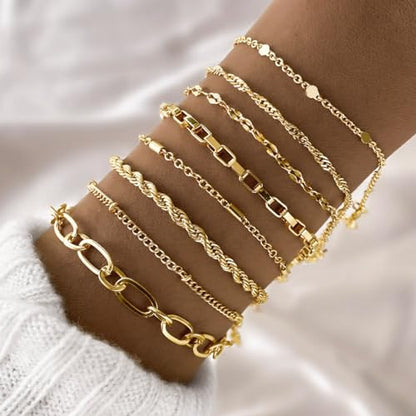 IFKM Gold Bracelets for Women, 14K Gold Plated Dainty Link Chain Bracelet set, Trendy Stackable Layered Bracelets jewelry Gifts - style: 8pcs Chain twist box