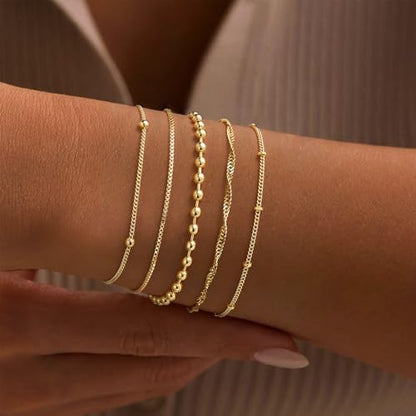 Gold Bracelet for Women, Waterproof Jewelry,5PCS | 14K Gold Plated Bracelets Stacks Non-Tarnish, Lightweight & Comfy, Trendy Adjustable Dainty Links, Women’s Jewelry Gift - color: 5 pcs Big Satellite+Box+Bead+Twist+Small Satellite