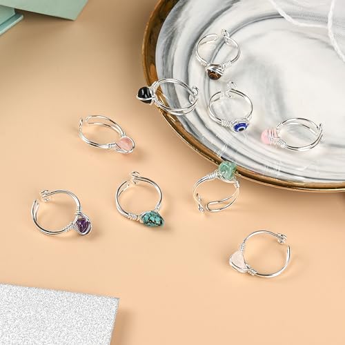 9 PCS Healing Crystal Ring, Adjustable Wire Wrapped Rings Irregular Gemstone Rings Set for Women - color: Silver-Style A