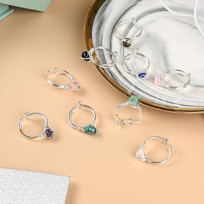 9 PCS Healing Crystal Ring, Adjustable Wire Wrapped Rings Irregular Gemstone Rings Set for Women - color: Silver-Style A