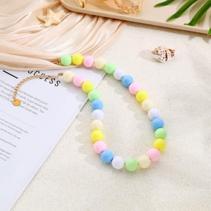 Chunky Beaded Necklace for Women 16mm Round Bead Resin Modern Statement Necklace Jewelry Accessories - color: colorful 04