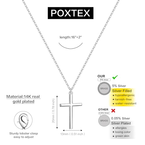 Poxtex Cross Necklace for Women Teen Girls, Dainty 14K Gold Silver Plated Cross Choker Jewelry Non Tarnish Waterproof Cute Simple Small Necklace Christian Baptism Religious Faith Jewelry Gifts - color: 04 Simple Cross Silver