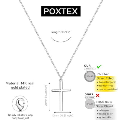 Poxtex Cross Necklace for Women Teen Girls, Dainty 14K Gold Silver Plated Cross Choker Jewelry Non Tarnish Waterproof Cute Simple Small Necklace Christian Baptism Religious Faith Jewelry Gifts - color: 04 Simple Cross Silver