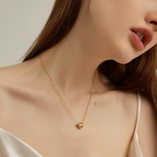 Zeffy Dainty Gold Heart Necklace for Women Trendy 14K Gold/Silver Plate Cute Heart Pendant Choker Necklaces Gold Love Heart Chain Necklace for Women Dainty Gold Jewelry Gifts for Women - style: Tiny Puffy Heart Necklace-Gold