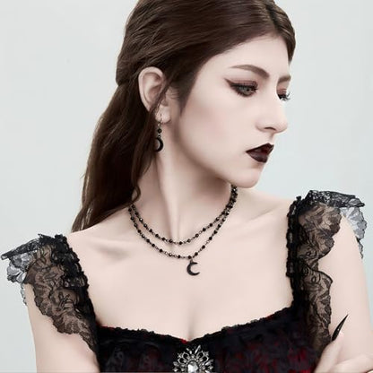 Slip Chain Necklace for Women Gothic Stainless Steel Bar Pendant Cuban Link Necklaces Adjustable Goth O Ring Long Necklaces Punk Rock Collar Choker Trendy Lariat Y Necklace - color: Moon
