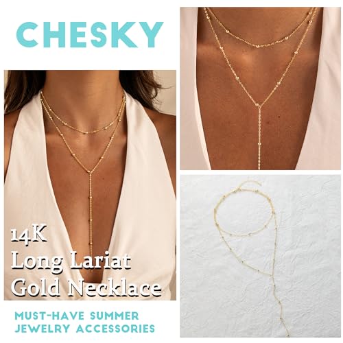 CHESKY Lariat Necklace for Women，14k Gold/Sliver Plated Layered Necklace | Gold/Sliver Long Necklace，Dainty Cross Pendant, Wedding Y-Shaped Drop Chain, Waterproof Jewelry Gift for Women Everyday Wear - style: Y Bead-GD