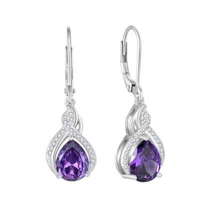 925 Sterling Silver Infinity Teardrop Earrings for Women | Lwsary Dangle Drop Leverback Earrings, Pear Shaped Birthstone Jewelry for Her - color: Purple
