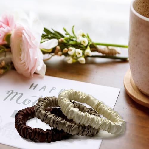 VLOMOT 3 Pcs Set 100% Pure Mulberry Silk Hair Scrunchies (Chocolate) | Silk Hair Ties for Thin Hair with 3 Chic Colors Everyday Skinny Scrunchies Silk Ponytail Holders Hair Care No Damage - color: Chocolate