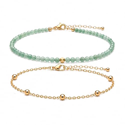 2Pcs Beaded Anklets for Women, Natural Stone Bead Ankle Bracelets with 14K Gold Plated Chain, Waterproof Adjustable Layered Anklet Set, Boho Beach Summer Jewelry Gift - color: Green Aventurine