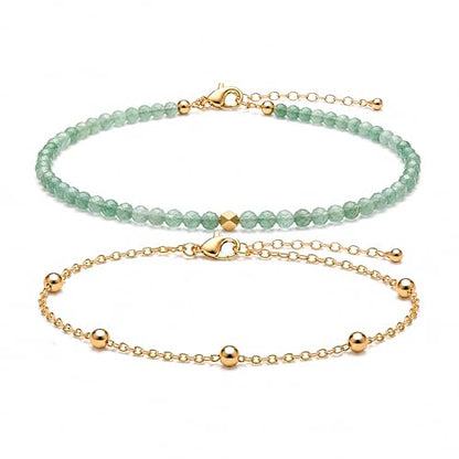 2Pcs Beaded Anklets for Women, Natural Stone Bead Ankle Bracelets with 14K Gold Plated Chain, Waterproof Adjustable Layered Anklet Set, Boho Beach Summer Jewelry Gift - color: Green Aventurine