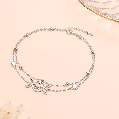 Ladytree S925 Sterling Silver Boho Beach Double Layer Anklets Bracelet for Women Adjustable 9 to 11 inches