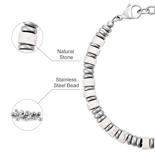 SIUMAL Mens Bracelet, Boho Stainless Steel Bracelets for Men, Beaded Bracelets, Jewelry Gifts for Husband, Father, Friends - color: Silver & White