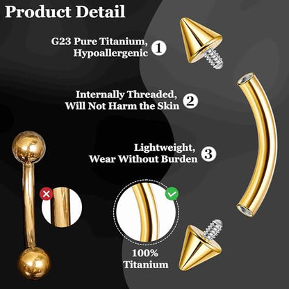 3PCS 16G 18G G23 Pure Titanium Eyebrow Piercing for Women Men Curved Barbell Tiny Eyebrow Ring Vertical Labret Lip Jewelry Internally Threaded Rook Helix Conch Daith Piercing Jewelry - color: Gold, size: 16G